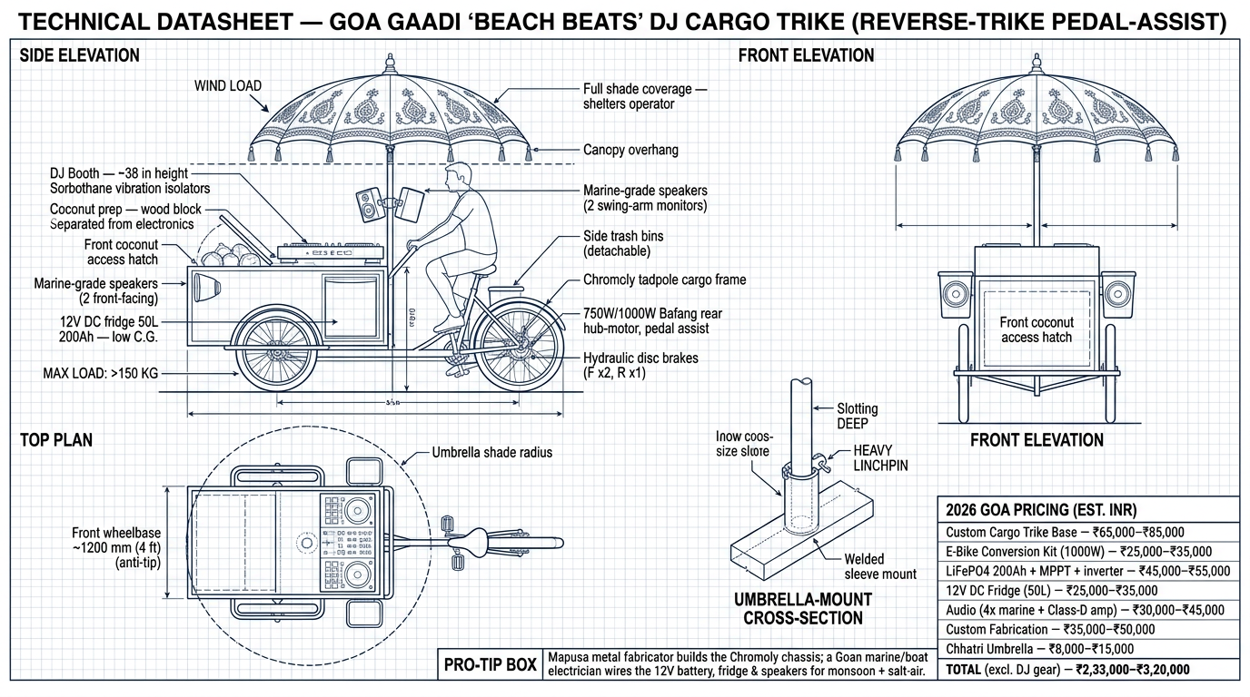 Sonic Gaadi pedal-powered cargo trike for a music-led beach cleanup ritual in Goa